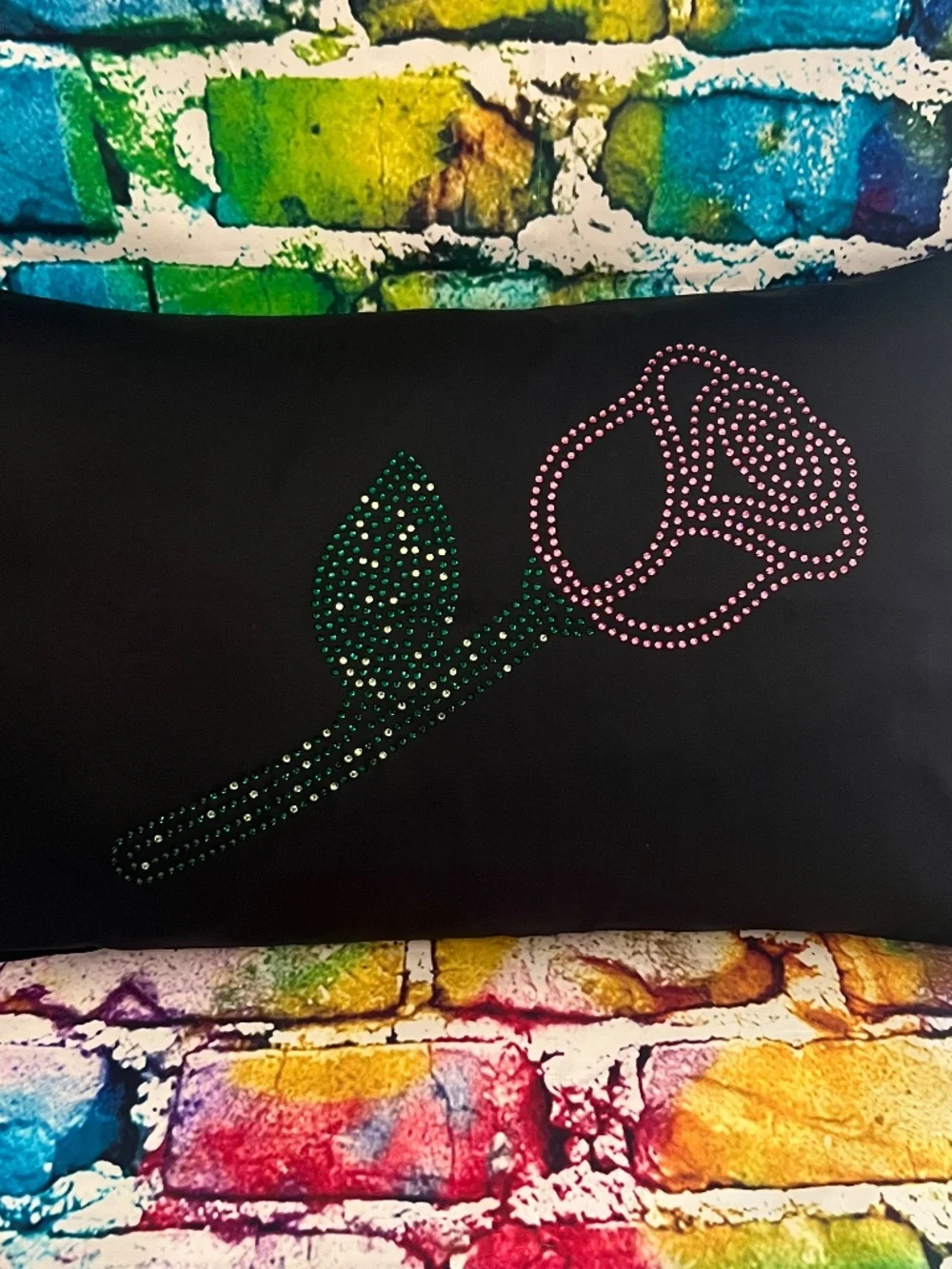 Black Decorative Pillow with Rhinestone Rose Accent [41R]